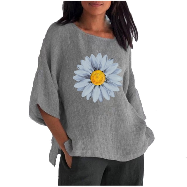 Hauts d'Été pour Femmes 2023 Femmes Été Aguichant Imprimé Régulier à Boutons Manches Trois Quarts Col Rond Bohémien T-Shirt Grande Taille pour Femmes