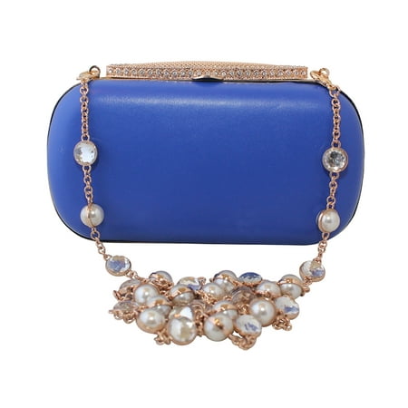 Stud Clutch - Chicastic Satin Hard Box Cocktail Clutch Purse with Rhinestone Studded Chain Blue