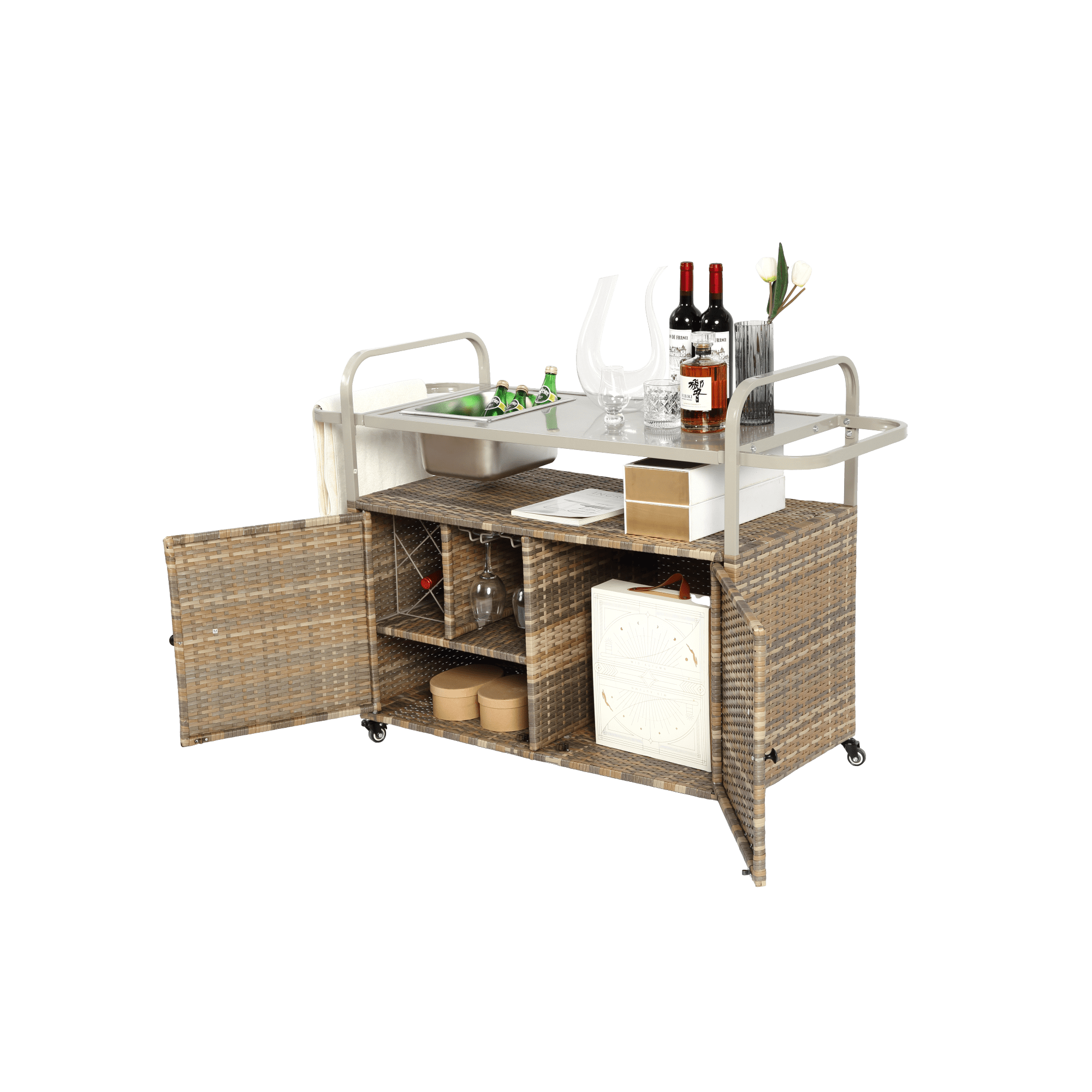 Outdoor Bar Cart,Wicker Bar Table Cart with Cabinet,Patio Serving Cart with Steel Top, Ice Bucket,Lockable Wheels, Side Basket for Garden, Poolside & Backyard,Beige