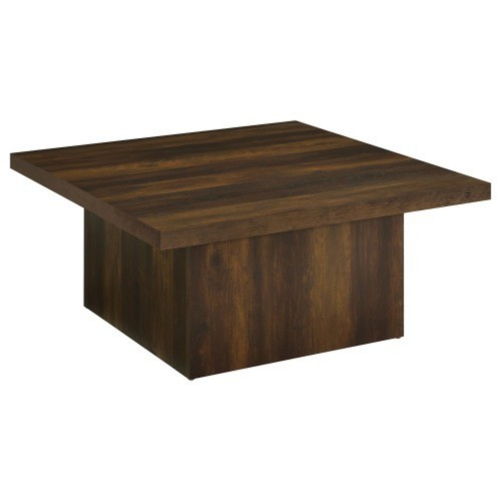 Square Coffee Table, Modern Wood-Look Pedestal Coffee Table with Matte Black Finish for Living Room, 35.5 x 35.5 in, Brown