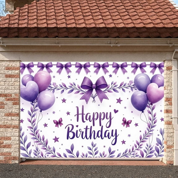Purple Theme Banner Elegant Style Birthday Display Heart Balloon Bowknot Decor Purple Backdrop for Birthday Party Indoor Decoration Girls' Birthday