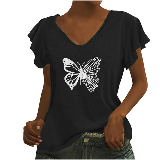 Camiseta informal para mujer, blusa estampada con volantes, manga corta, cuello en V, Tops Fridja ghk7127
