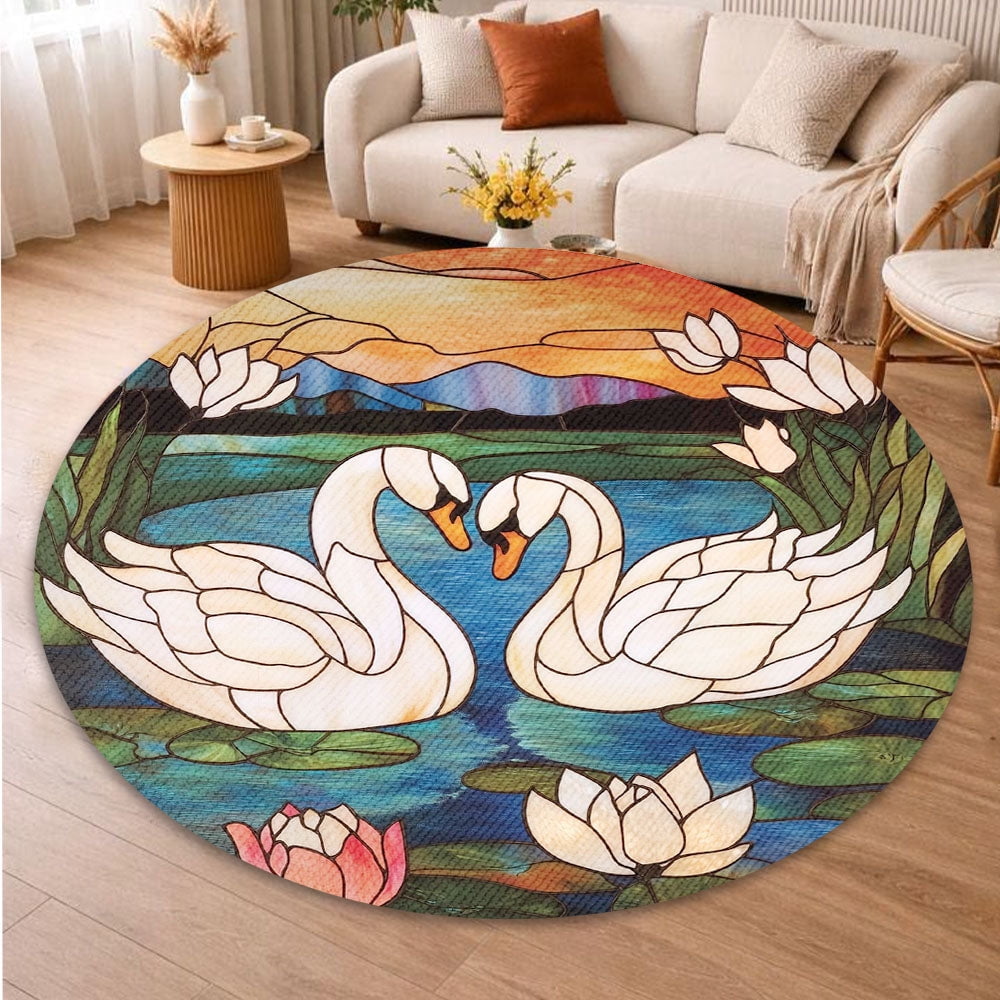 Round Area Rug, Swans Non-Slip Floor Mat, Soft Washable Carpet for Living Room Bedroom Decor 24 Inch