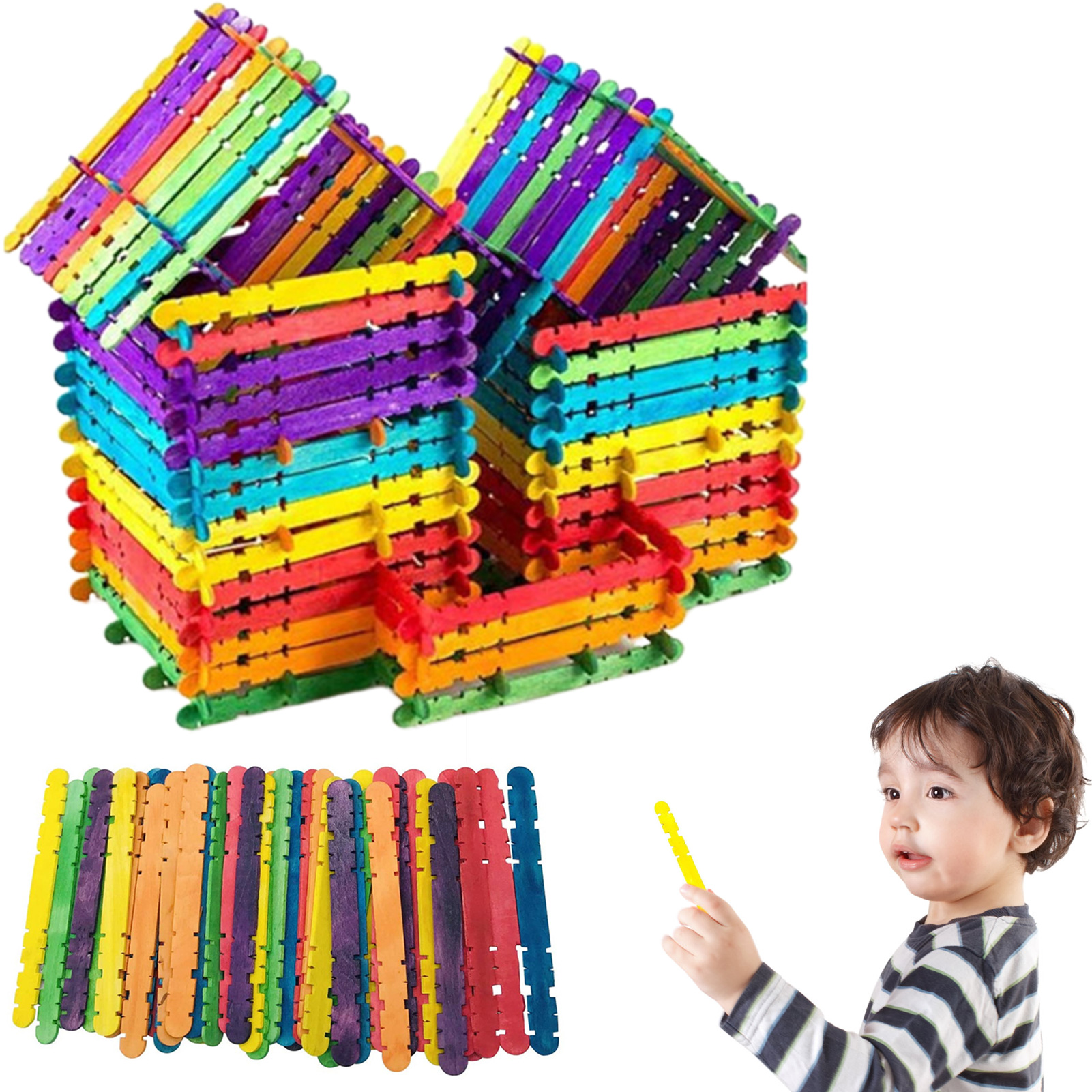 Younar 50 pcs Colorful Popsicle Sticks Sawtooth Wood Craft Stick