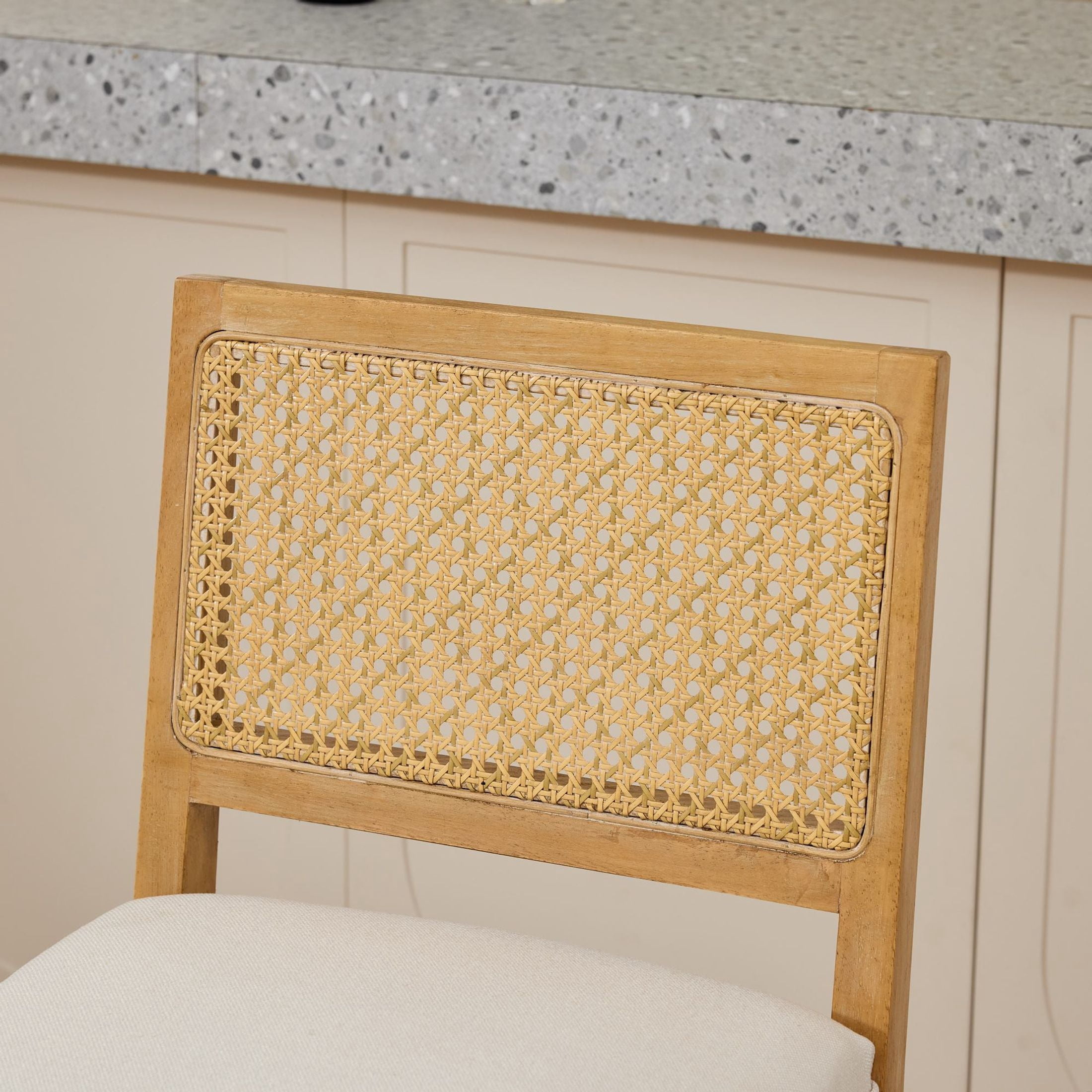 Noble House Set of 2 Rattan-Back Bar Stools, Linen Cushion, Solid Wood Frame, Beige