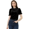 thumbnail image 1 of Camisa con cuello de volantes para mujer Blusa de terciopelo de manga corta Negro XS, 1 of 5