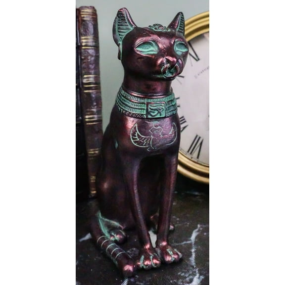 Egyptian Goddess Bastet Cat Sitting Figurine In Rustic Aged Bronze Patina Finish