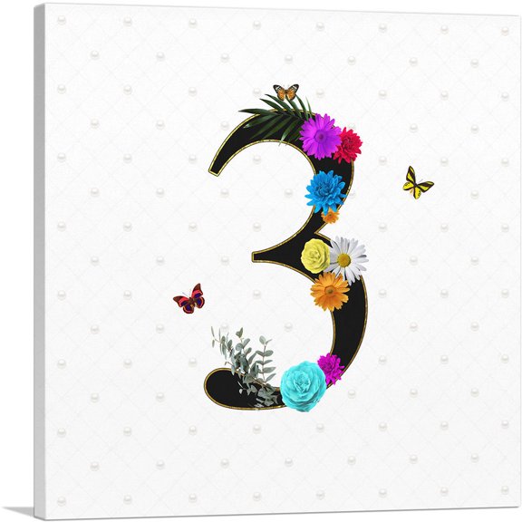 ARTCANVAS Flower Plant Butterfly Alphabet Number 3 Three Numeral Canvas Art Print - Size: 12" x 12" (0.75" Deep)