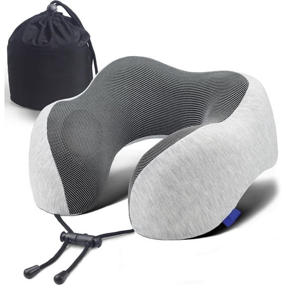 Neck Pillow for Traveling – Upgraded Travel Neck Pillow for Airplane – 100% Pure Memory Foam Travel Pillow for Flight Headrest Sleep – Portable Plane Accessories – Light Grey