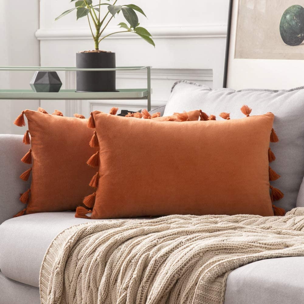 Velvet Solid Decorative Throw Pillow Cover with Bohemian Tassels Fringe 