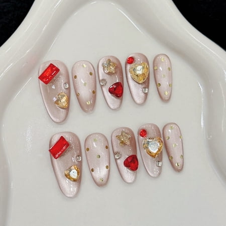 Yihe Original [Taojin Fu Language] New Nail Art False Nails Cat's Eye Diamond White Pure Handmade Wearing Nail