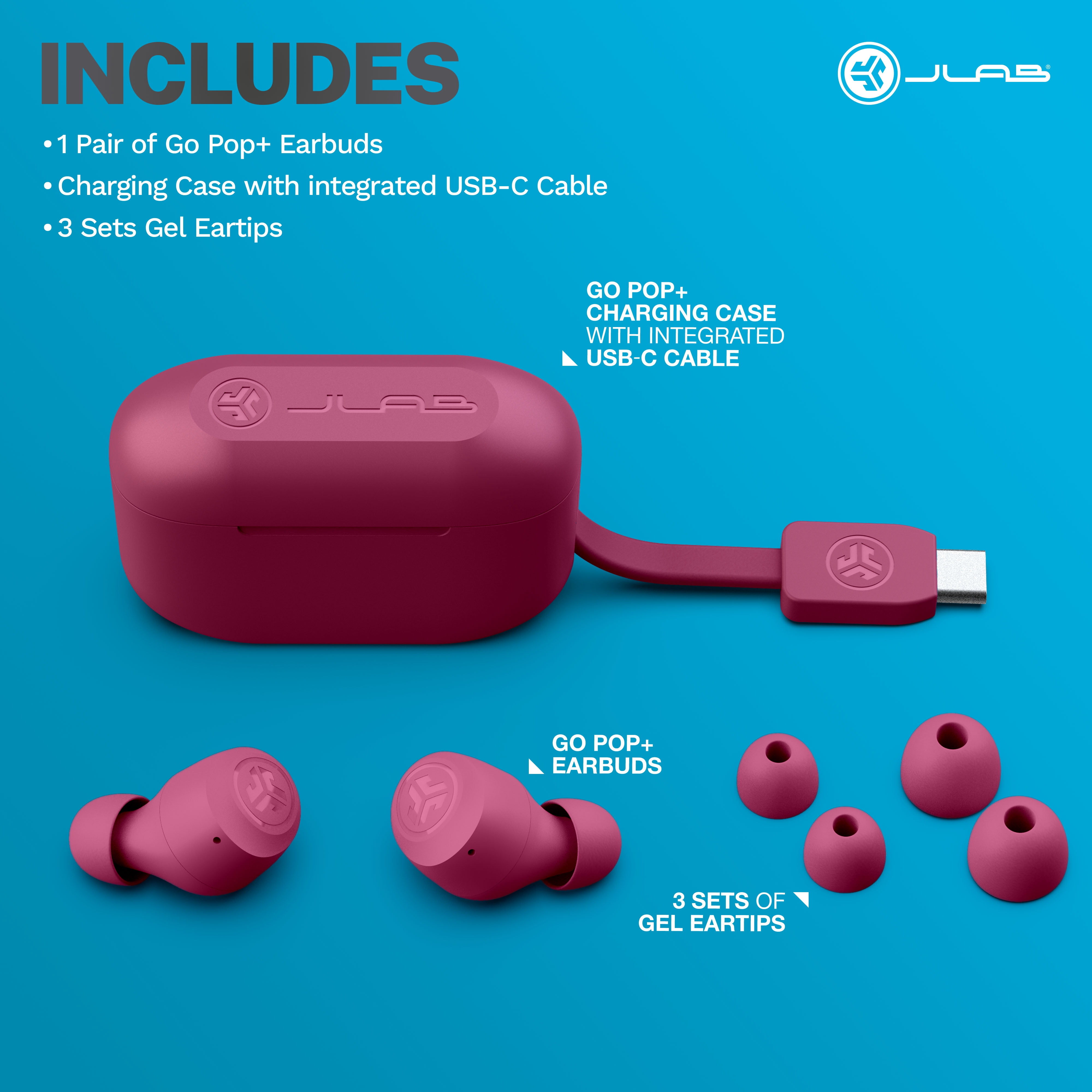 JLab Go Pop+ True Wireless Earbuds, Dark Pink, Bluetooth, IPX4, Be Aware Mode, Customize Sound, Controls