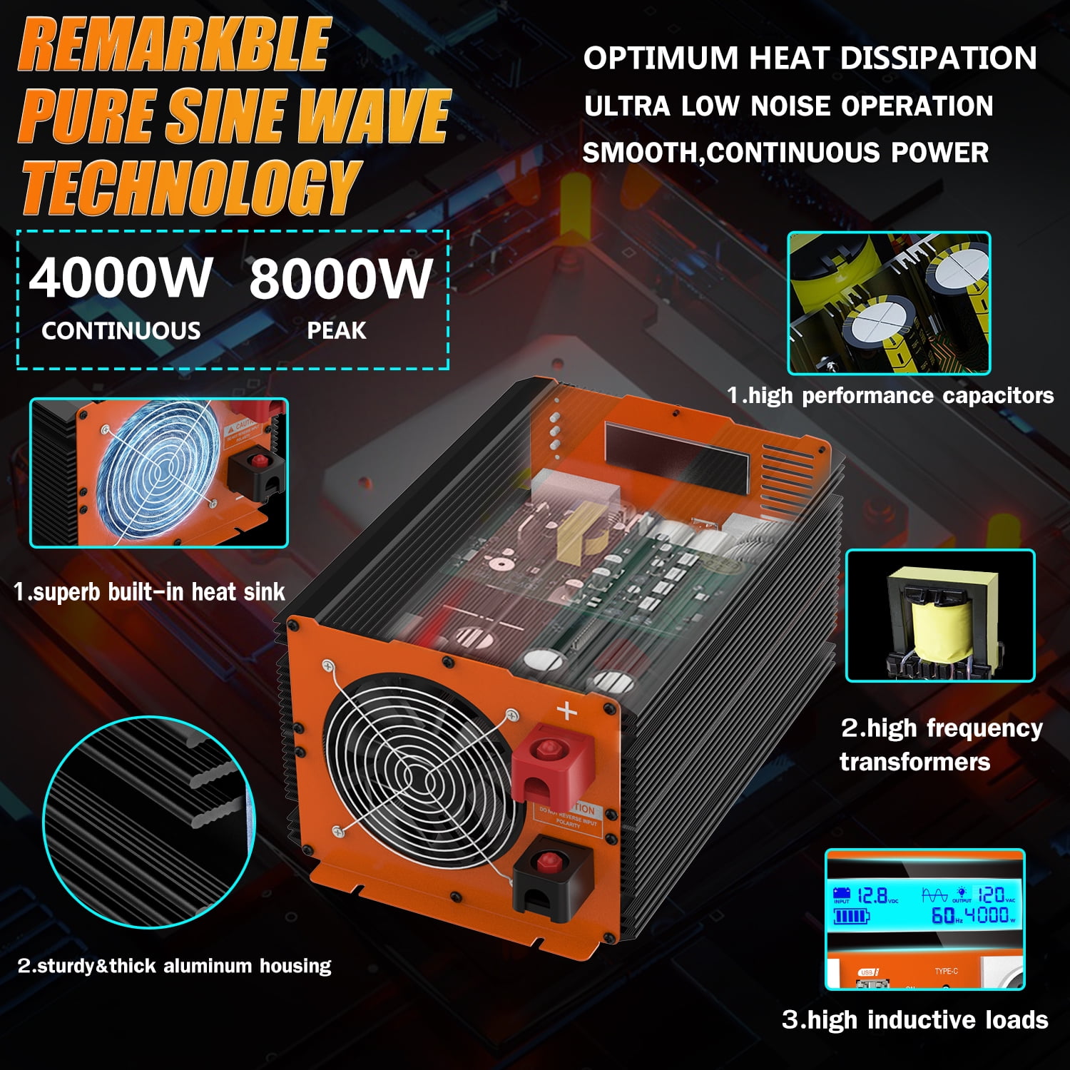4000 Watt Pure Sine Wave Power Inverter 12V DC to 110V 120V Converter for Family RV Off Grid Solar System Car with Type-C Ports 4 AC Power Outlets Dual USB Ports LCD Display Wireless Remote Control