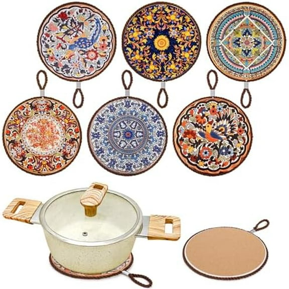 6 Pack Ceramic Trivets, 6.7" Hot Pads for Pots and Pans: Portable Hanging Hot Dish Mat, Heat Resistant, Non-Slip, for Kitchen Countertop – Home Decor