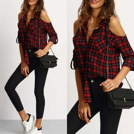 Checkered Blouse - Fashion Women´s Checkered Plaid Blouse Off Shoulder Tops Long Sleeve Shirt Casual Blouse For Women