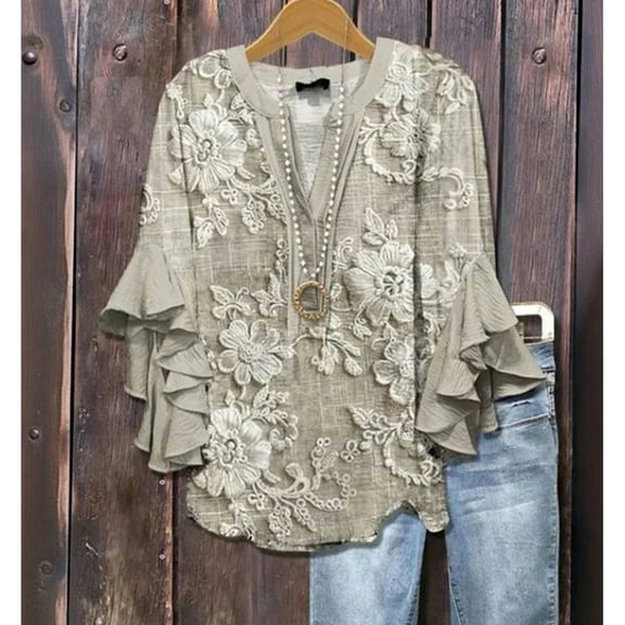 ASDFVBKG Women's 2026 Summer Floral Blouses Dressy Casual Ruffle Half Sleeve V Neck Going Out Boho Tops Spring Fashion Clothing Khaki XL