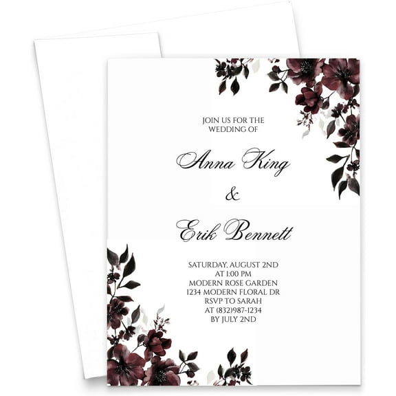 Dark Gothic Wedding Invitations With Flowers, Goth Wedding Invites With Envelopes, Floral Wedding Invitation Cards, Themed Wedding Invitations, Your choice of Quantity and Envelope Color