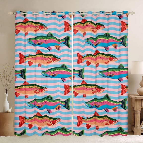 Manfei Cartoon Trout Blackout Curtains, Stripe Background Window Curtains Pack of 2 (38x45 Each), Blue Pink Orange