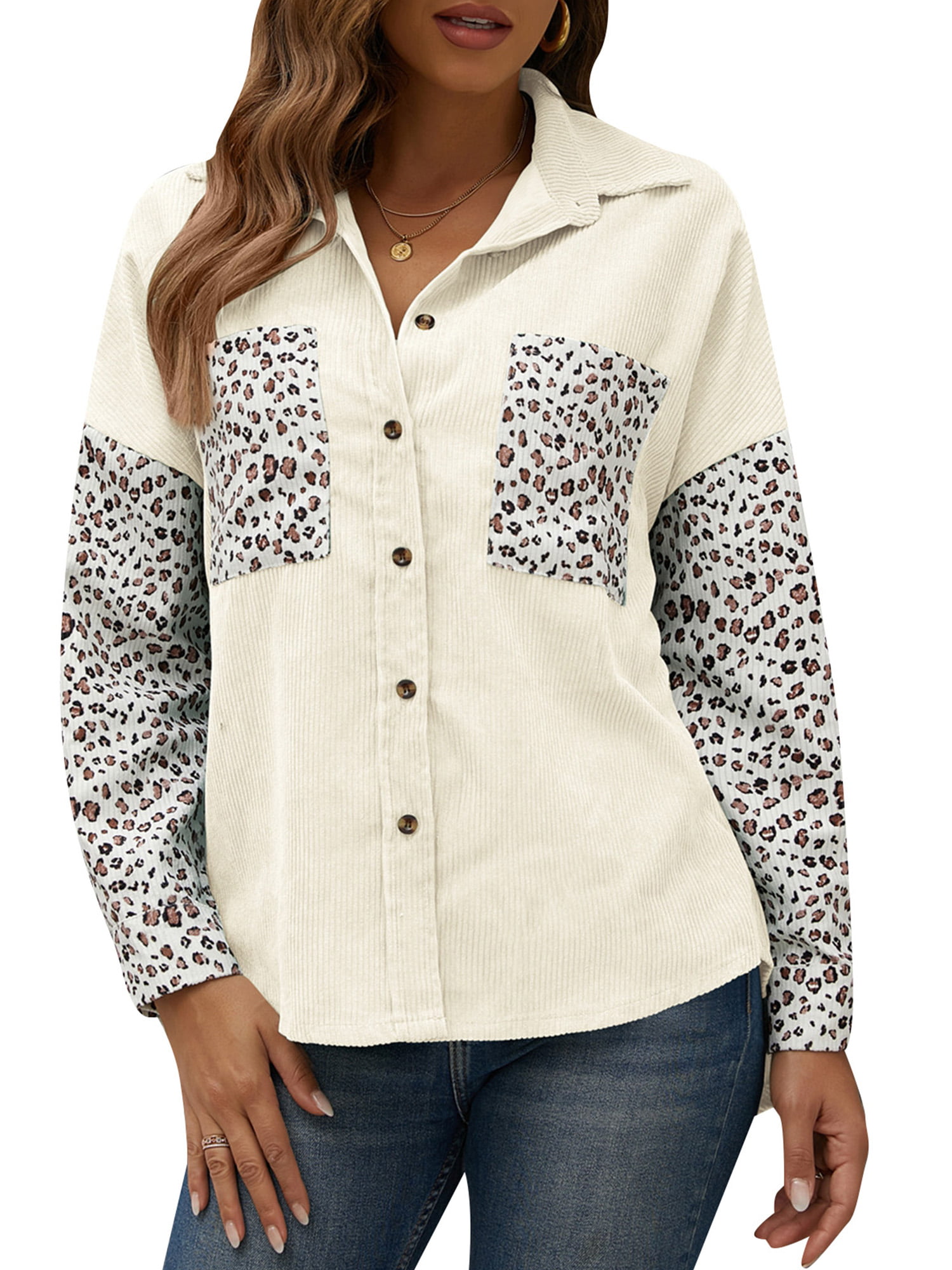 Womens Corduroy Long Sleeve Button Down Shirt Oversized Lapel Jacket Shacket Color Block Leopard Coat Blouse Tops 