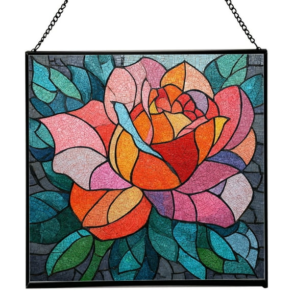 Rose Flower Stained Glass Panels, Square Shaped Window Hangings, Tiffany Glass Traditional Art Crafts for Home Decor Gifts 132OR1
