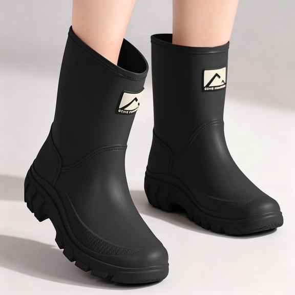 Drawstring Cuff Non Slip Mid Calf PVC Rain Boots for Women Waterproof PVC Ankle Rain Boots Non Heel Gardening Shoes Women's Matte Waterproof Flat Rubber Wellies Outdoor Farm Working Rain Footwear