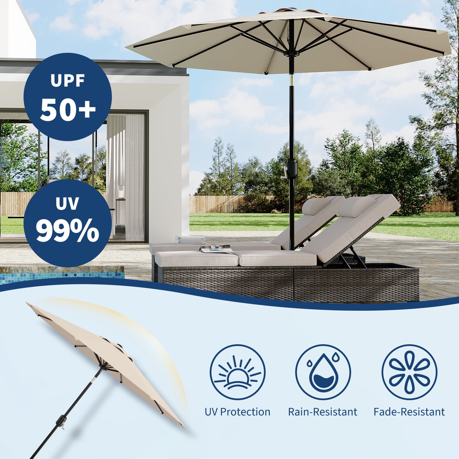 9FT Patio Umbrella Outdoor, Table Umbrella with Push Button Tilt and Crank, 8 Sturdy Ribs UV Protection Waterproof for Garden, Pool, Market, Deck