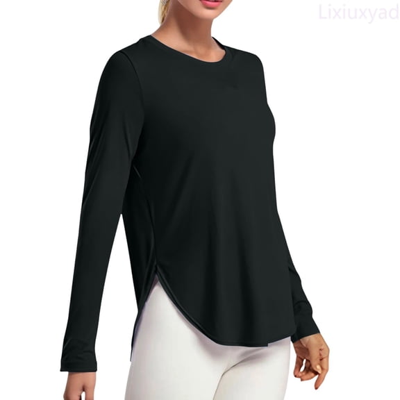 Lixiuxyad Women's UPF 50 Shirts Long Sleeve Workout Sun Shirt Outdoor Gym Hiking Tops Lightweight Trendy Flowy,Black L