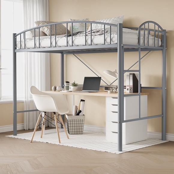 Loft Bed Twin Size with Ladde and Arched Guardrail, Heavy Duty Metal Loft Bed Frame for Kids and Adults, Sturdy Steel Slats Support, Small Space Saving Design, No Box Spring Needed, Gray