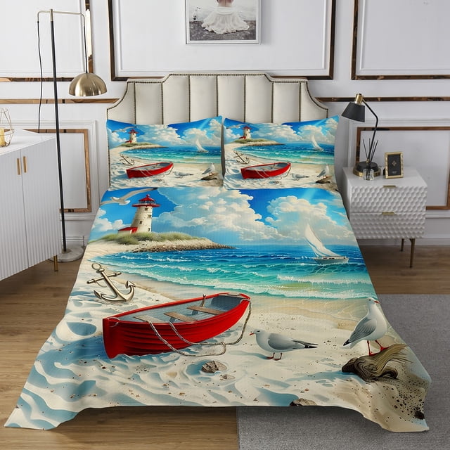 Erosebridal Red Wooden Boat Coverlet Set Queen, White Bird Bedding Set, Lighthouse Decor 3 Pieces