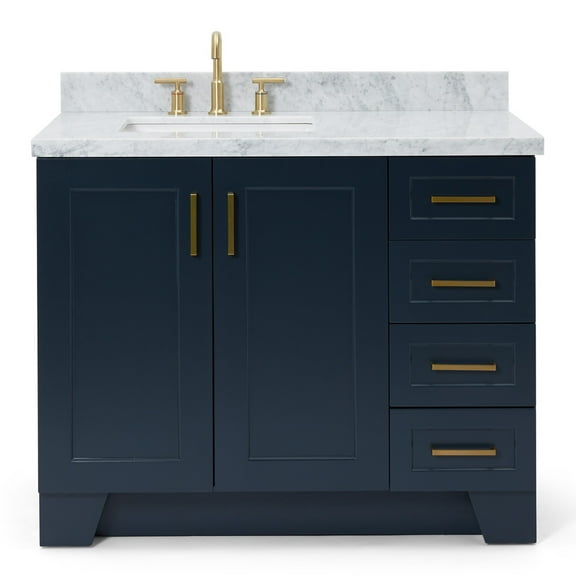 Ariel Taylor 43 In. Left Offset Rectangle Sink Vanity With Carrara White Marble Countertop In Midnight Blue