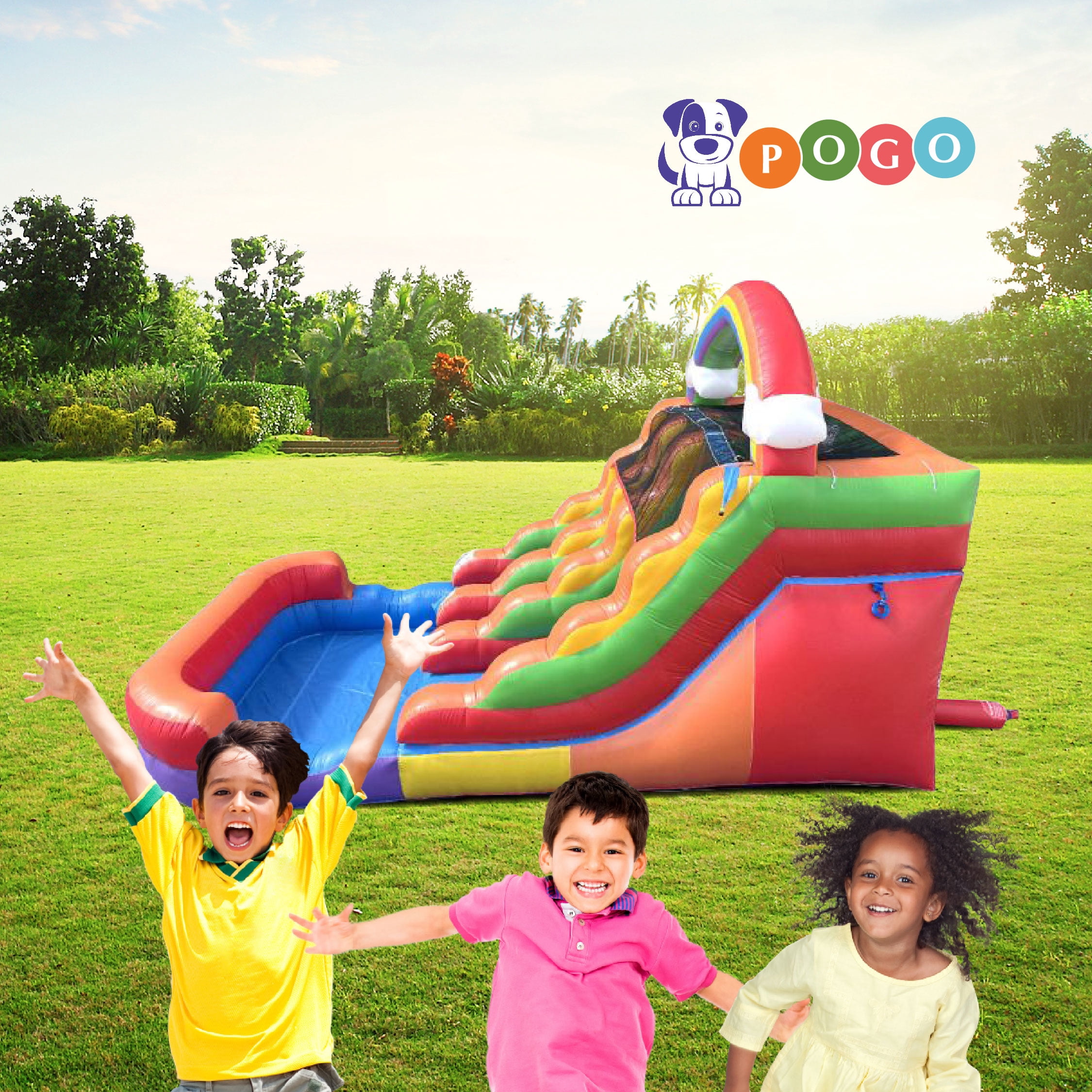 Pogo Crossover Inflatable Double Water Slide with Blower, Rainbow Cloud 12 Foot Kids Waterslide