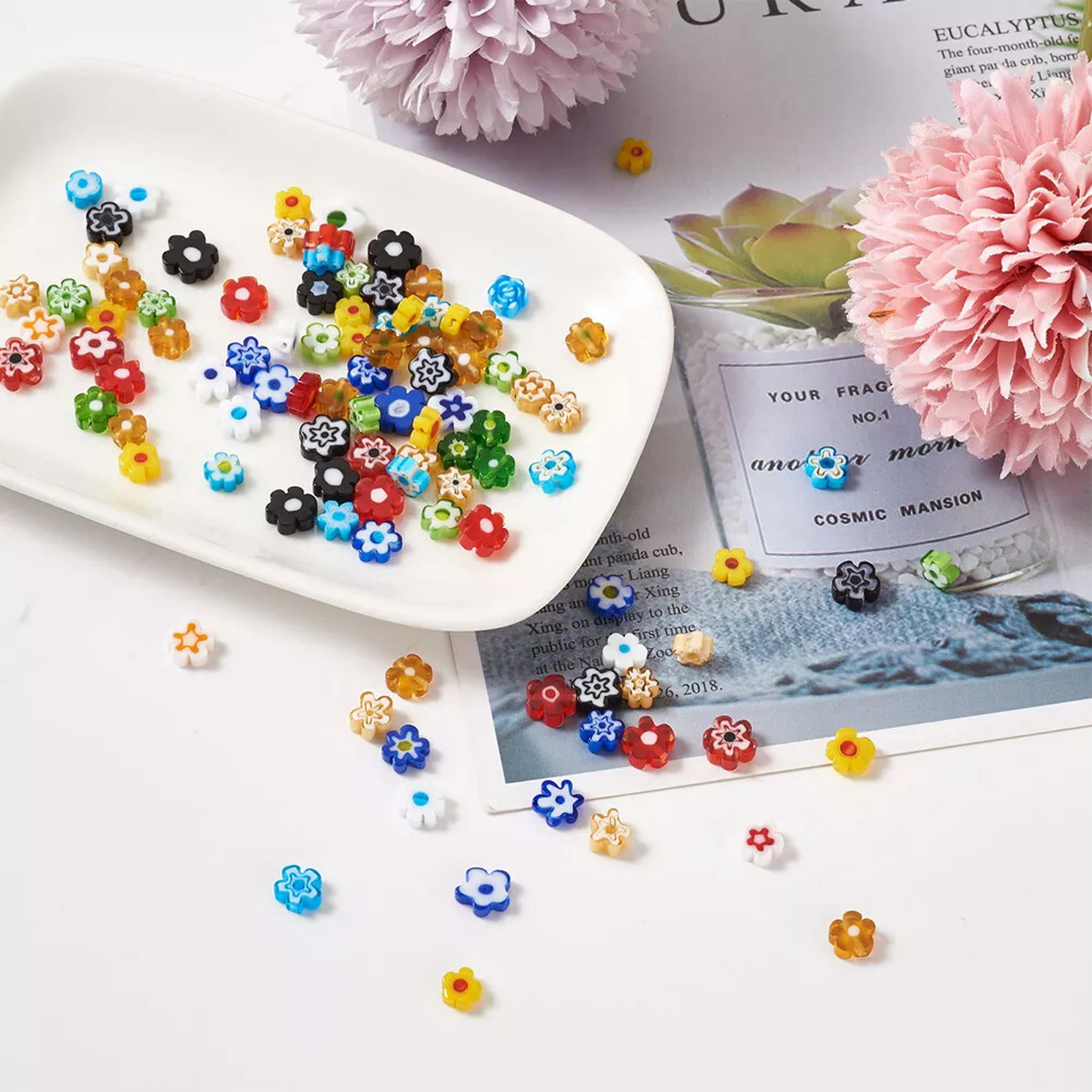 U8MO 180pcs Colorful Flower Handmade Millefiori Glass Beads Pony Loose Spacer 6.4~9mm