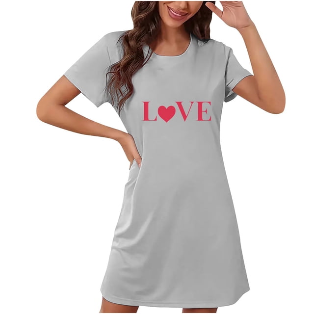 Amzcrzy Pyjamas pour Femmes Cadeaux de la Saint-Valentin pour Femmes Robe de Nuit Décontractée à Manches Courtes et Col Rond Mode avec Cœur Graphique