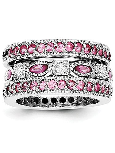 SSQGold-Rings .925 Sterling Silver CZ Triple Pink & White Band Square & Oval Center Ring