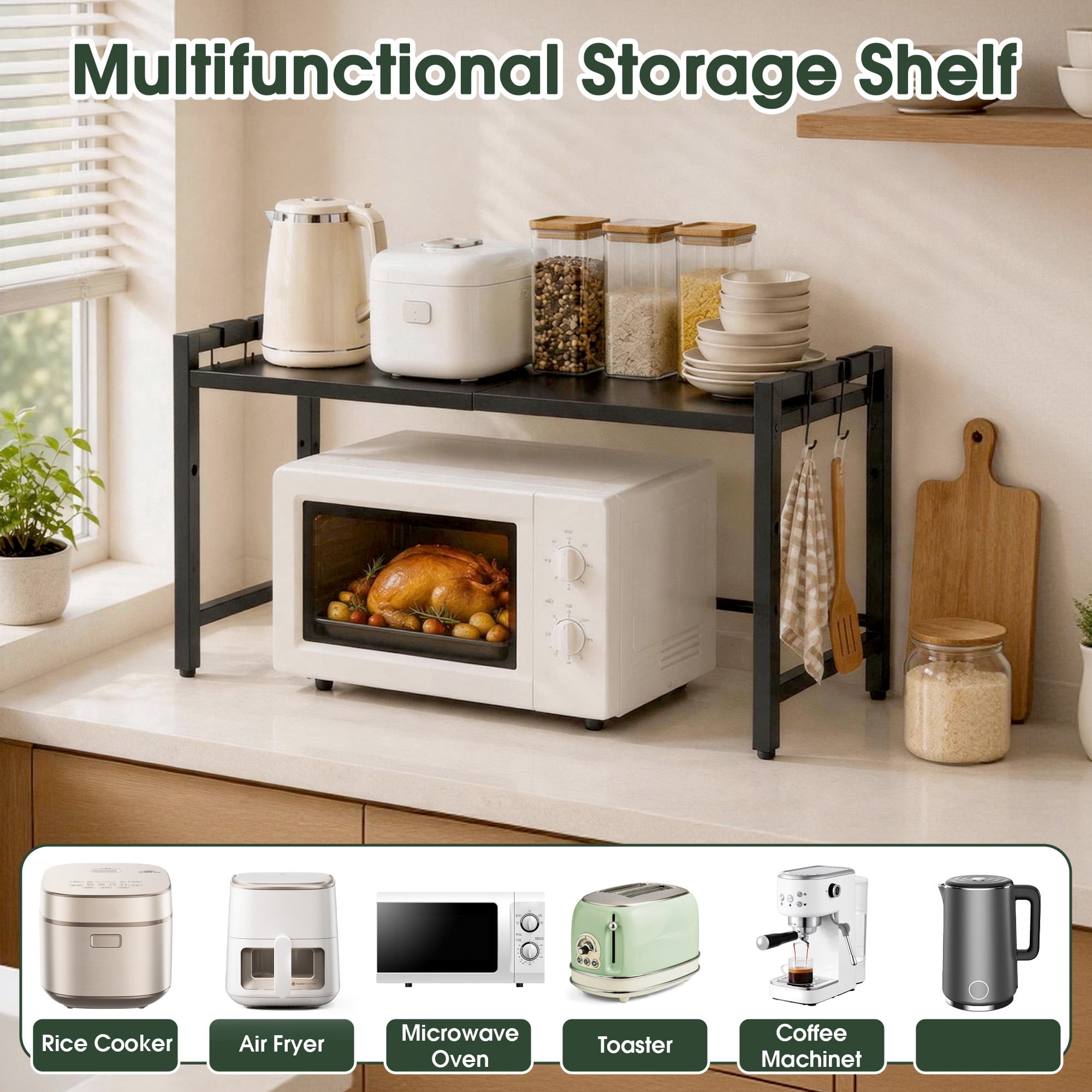 Microwave Oven Rack, Expandable Metal Kitchen Countertop Storage Shelf with 6 Hooks, Counter Organizer for Small Kitchen Appliances, Microwave Oven Storage Rack for kitchens Bathrooms Offices