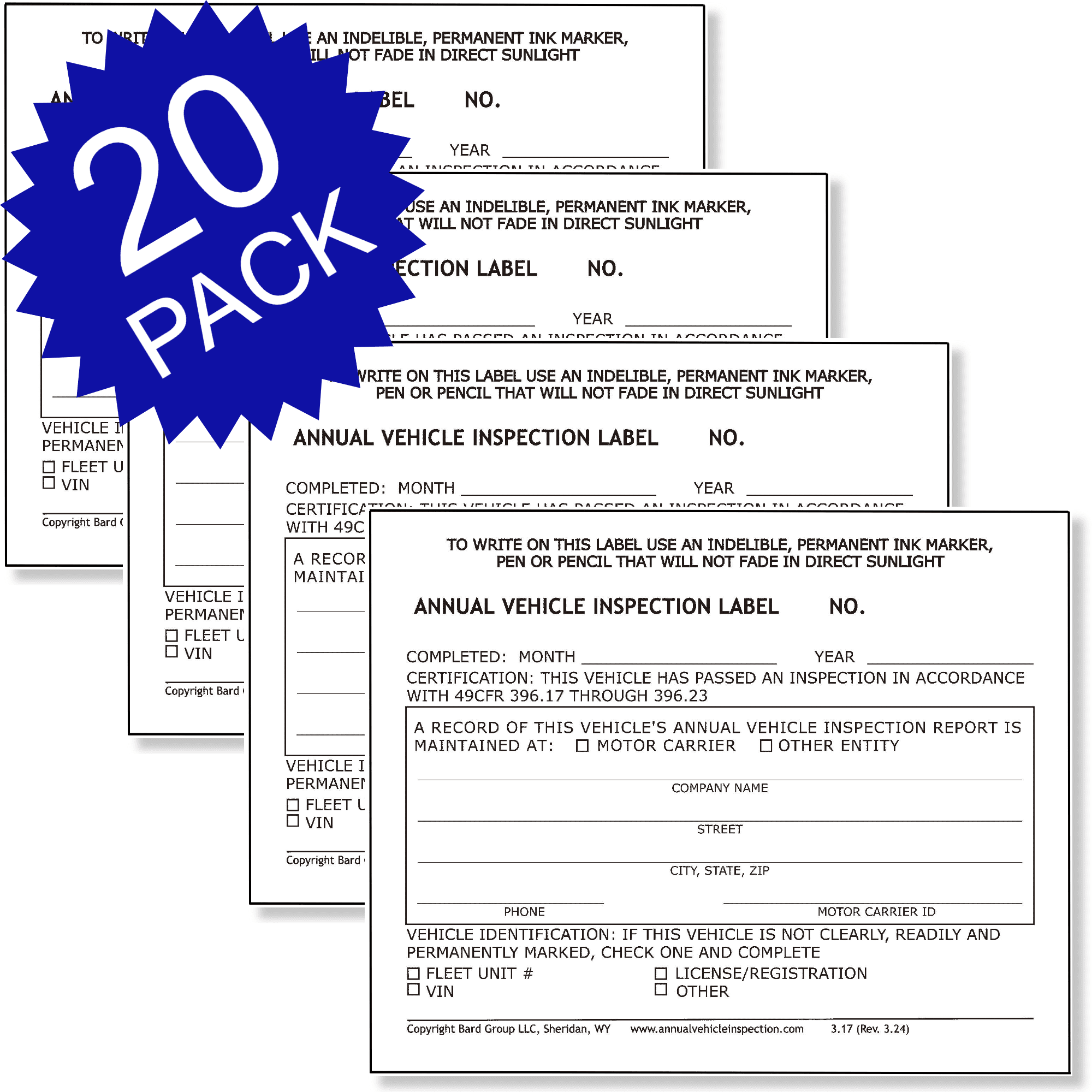 Annual Vehicle Inspection Label. 2-Ply Laminated Sticker. 20-PACK. Adhesive Vinyl, DOT Compliant.