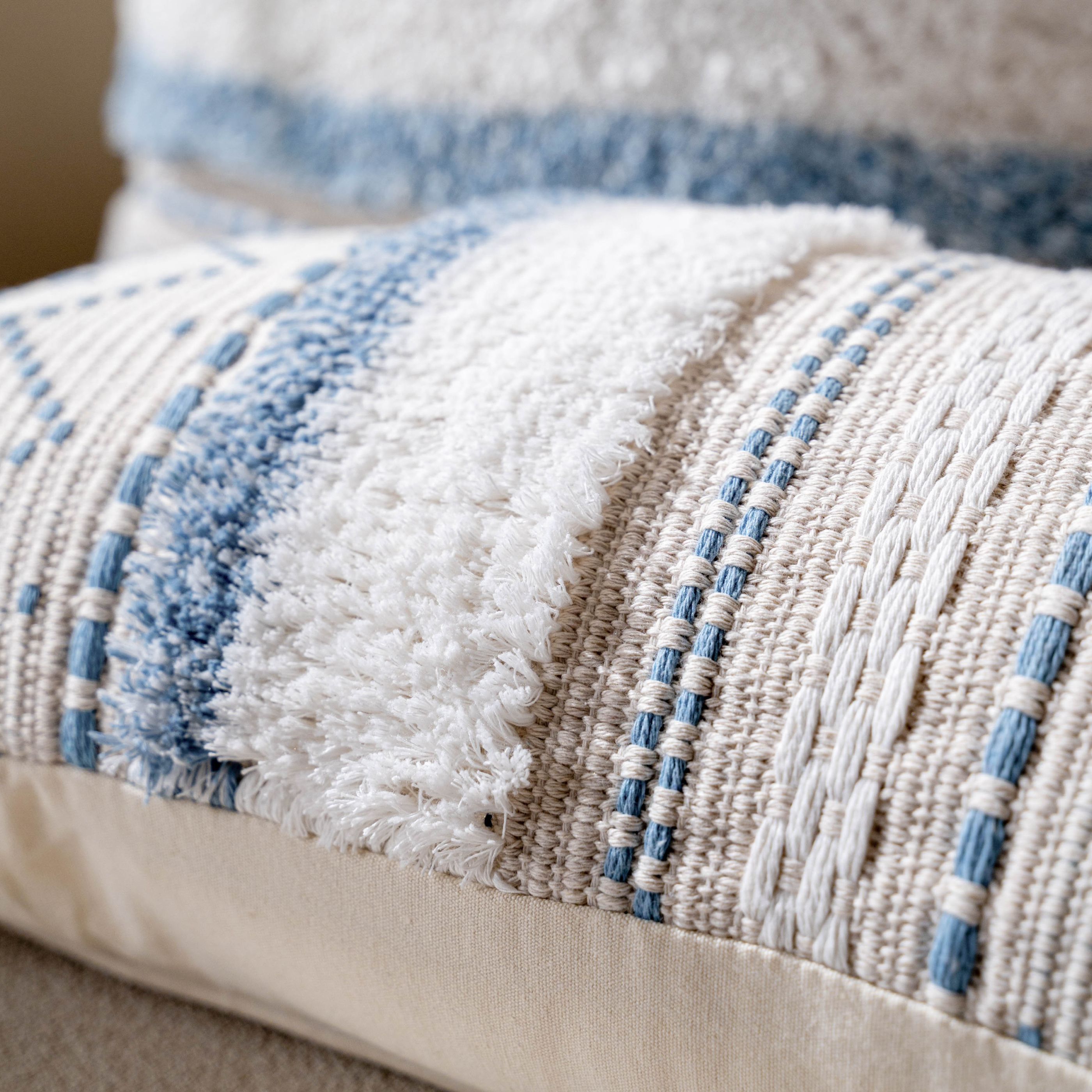 BlissBlush Blue Decorative Lumbar Throw Pillow Cover 14x36 Boho Long Cushion for Bed Neutral White Accent Farmhouse Pillowcase for Bedroom Living Room Couch Sofa Home Décor (Cover ONLY, Pack of 1)