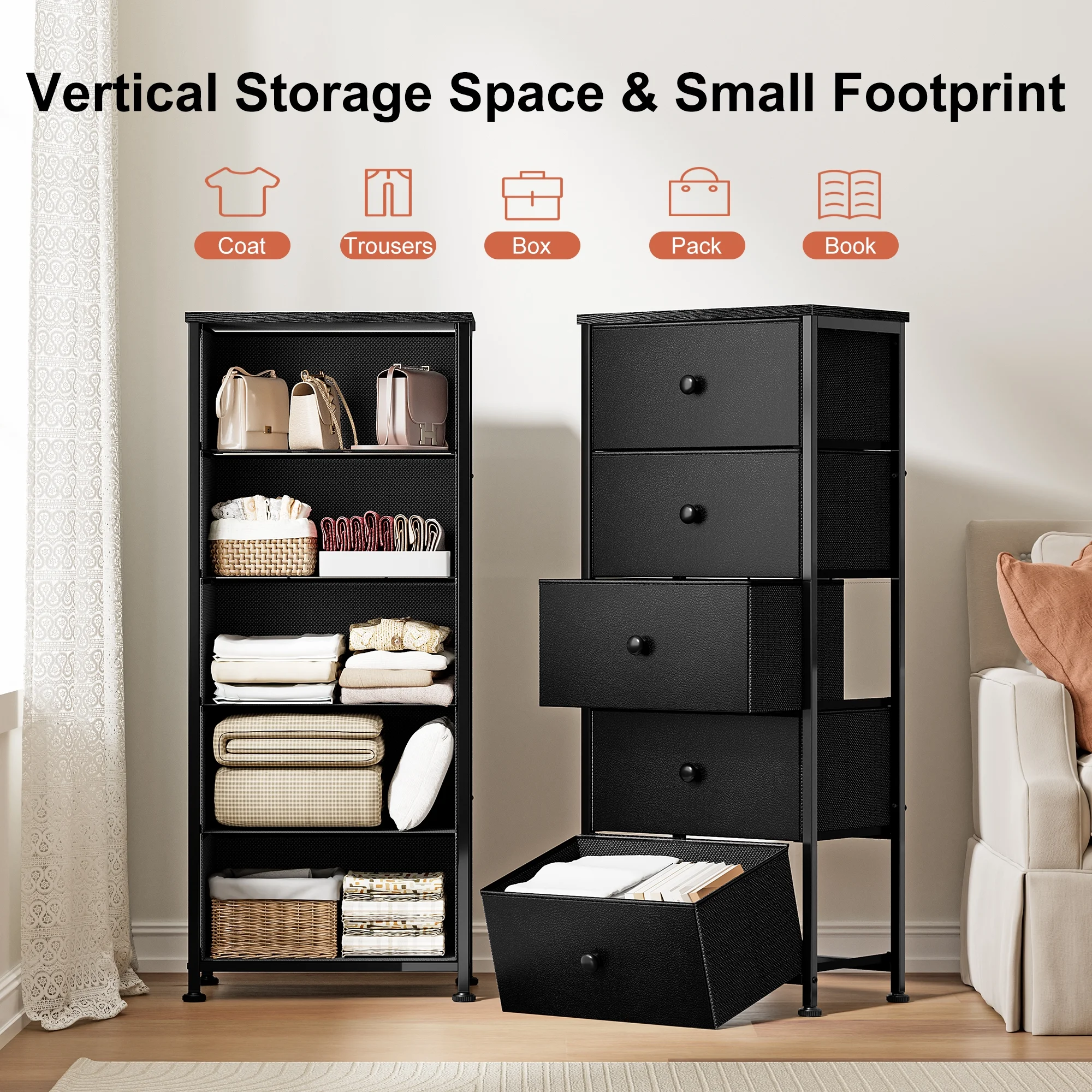GUNAITO 5 Drawer Dresser for Bedroom Tall Narrow Chest of Drawers Fabric Storage Dresser for Adults,Black