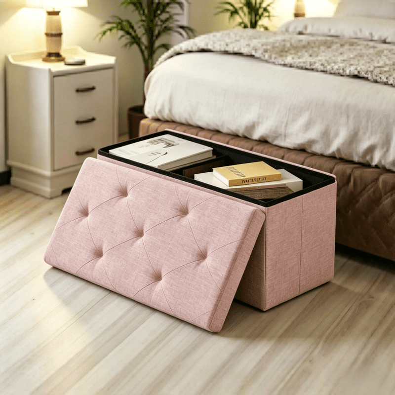 Kelno 30" Foldable Storage Ottoman Bench Linen Footrest Stool with Foam Padded Seat, Pink