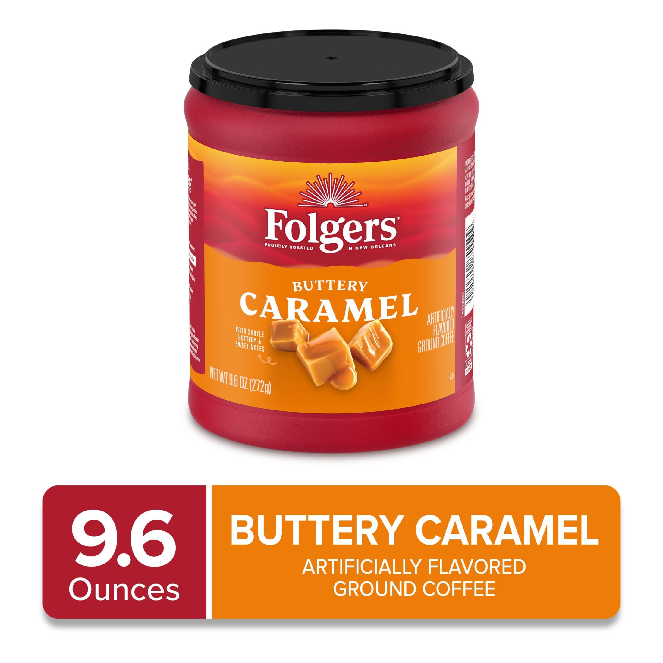 (6 pack) Folgers Buttery Caramel Artificially Flavored Ground Coffee, Medium Roast, 9.6 oz Canister
