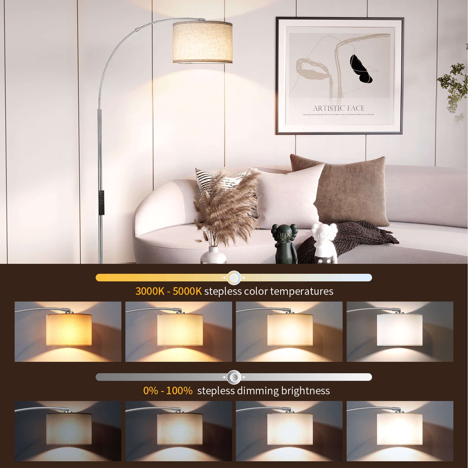 SUNMORY Arc Floor Lamp with Remote, Modern Floor Lamp with Stepless Dimmer, Tall Lamp with Hanging Drum Shade, Iron, Silver