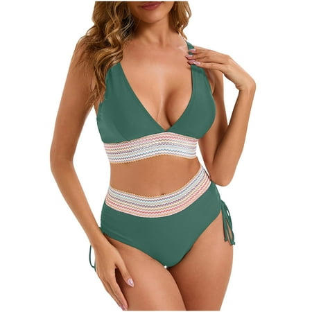 Bigersell Women s High Waisted Bikini Sets  Retro Cheeky Two Piece Swimsuits  Tie Side High Cut Bathing Suits 2 Piece Swimwear for Beach & Pool Green M