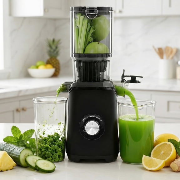 EDX Cold Press Slow Grinding Juicer, 200W, 4.25" 1000ML Wide Feed Chute, 80% Juice Yield for Apple & Ginger, 800ml Juice Cup, 700ml Pulp Cup, Whole Fruit & Veggie Compatible, 120V 60Hz, 72db, Black