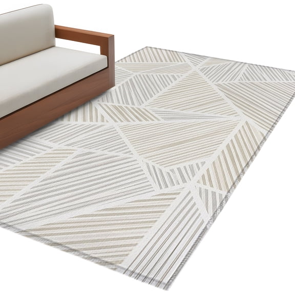 Abstract Beige Cream Living Room Rug 4x6 Washable Area Rug for Bedroom, Non-Slip Dining Room Rugs Geometric Line Triangle Indoor Carpet for Kitchen Entryway Office Nursery Laundry