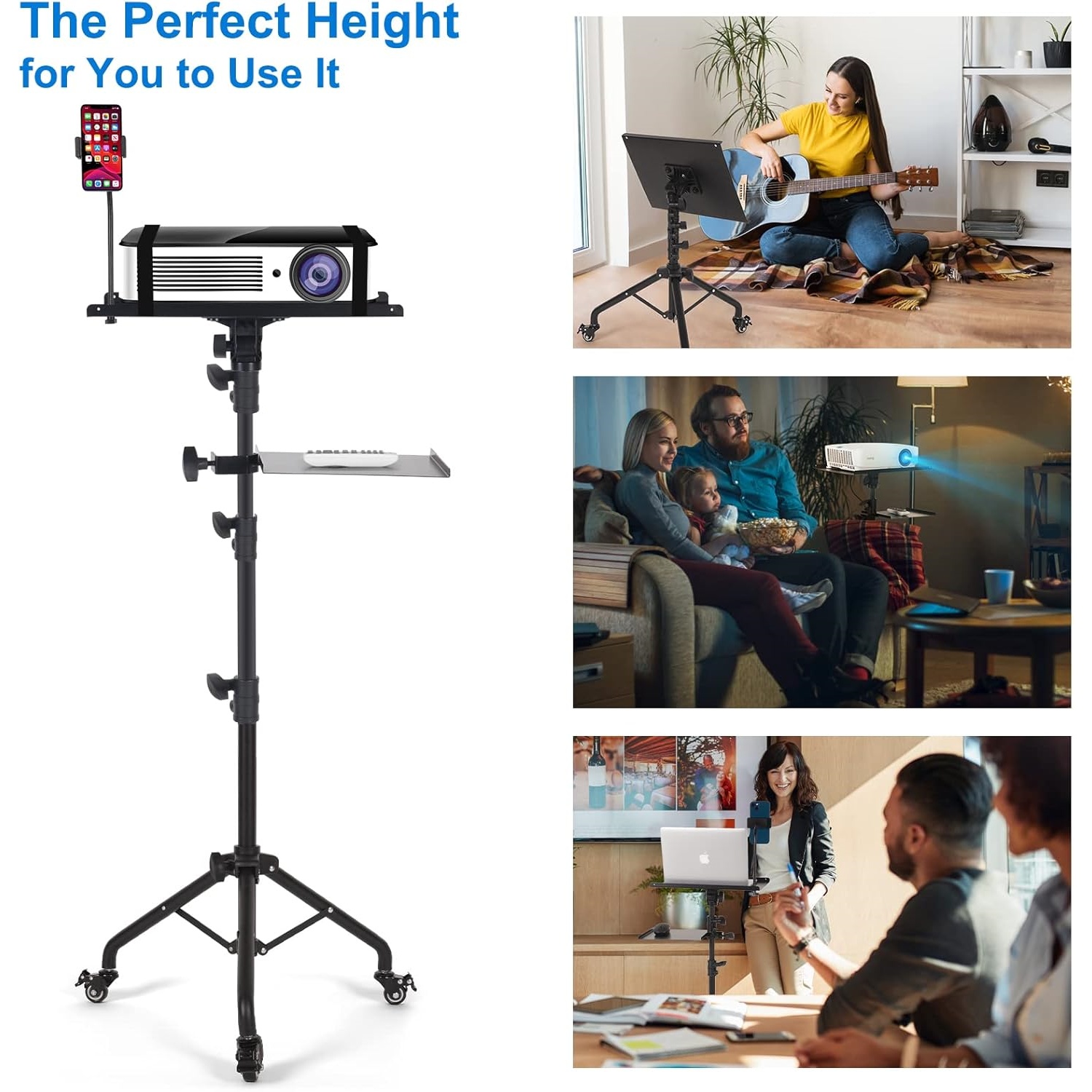Laptop Tripod on Wheels with 2 Shelves, Portable Projector Floor Stand Adjustable Height 25.9 to 51.8 Inch with Phone Holder