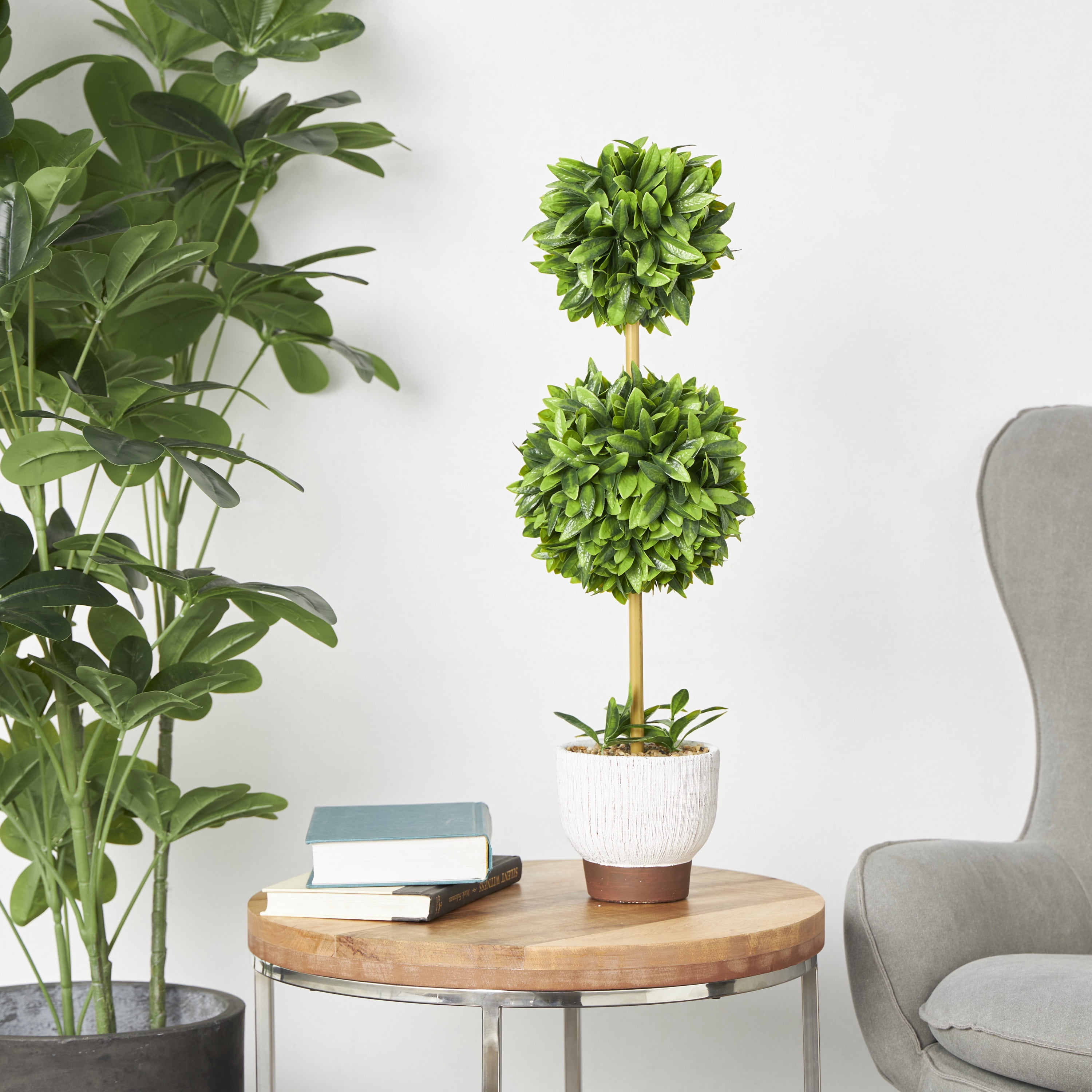 DecMode 27" Boxwood Ball Artificial Topiary in Realistic Leaves and White Cement Pot
