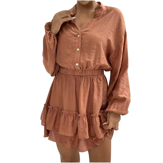 Robe Décontractée à Manches Longues pour Femmes Tendance Col en V Boutons Volants Mini Robe Taille Élastique Solide Robe Courte Évasée