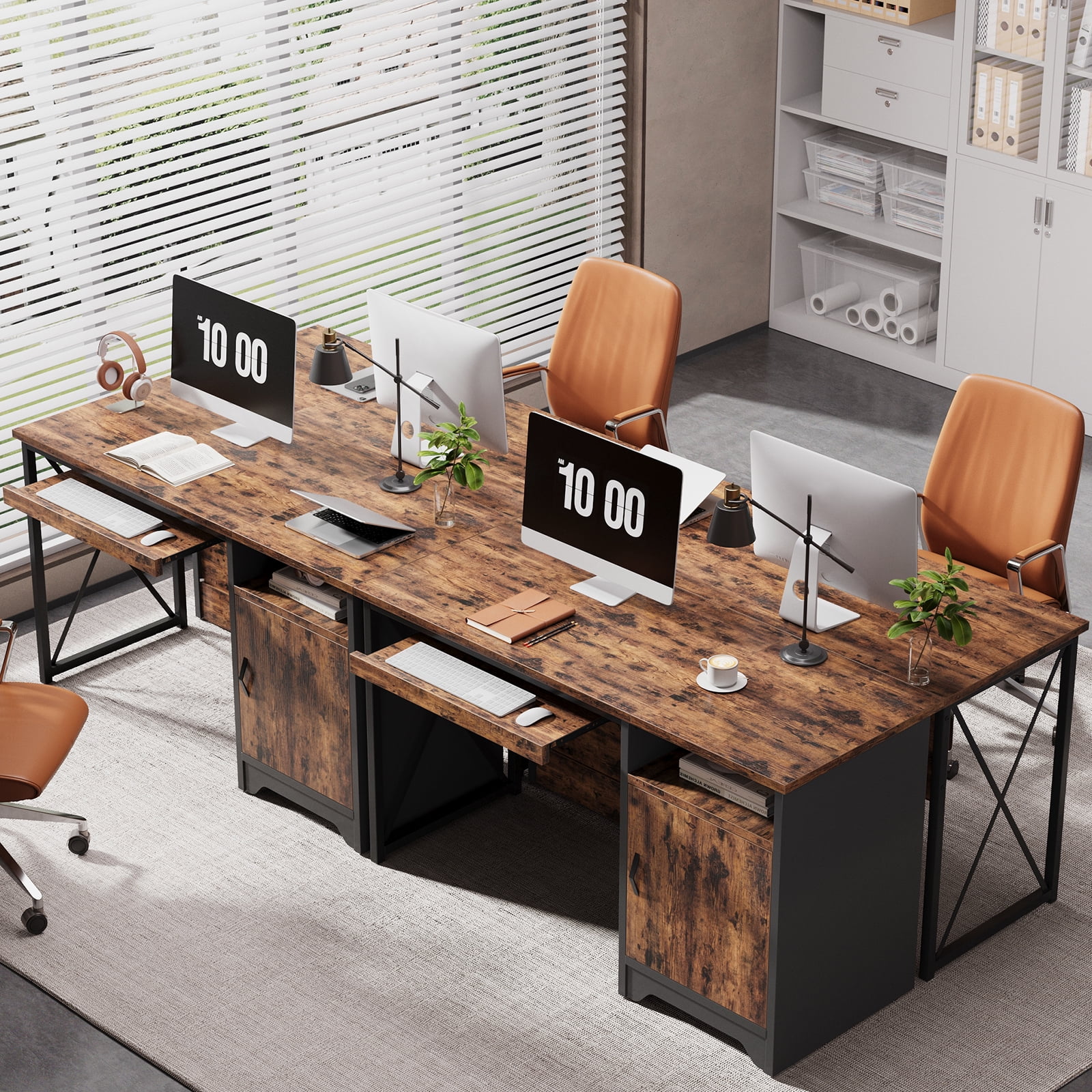 Bestier 47" Computer Desk Reversible Home Office Desk Executive PC Table with Keyboard Tray and Storage Cabinet, Rustic Brown