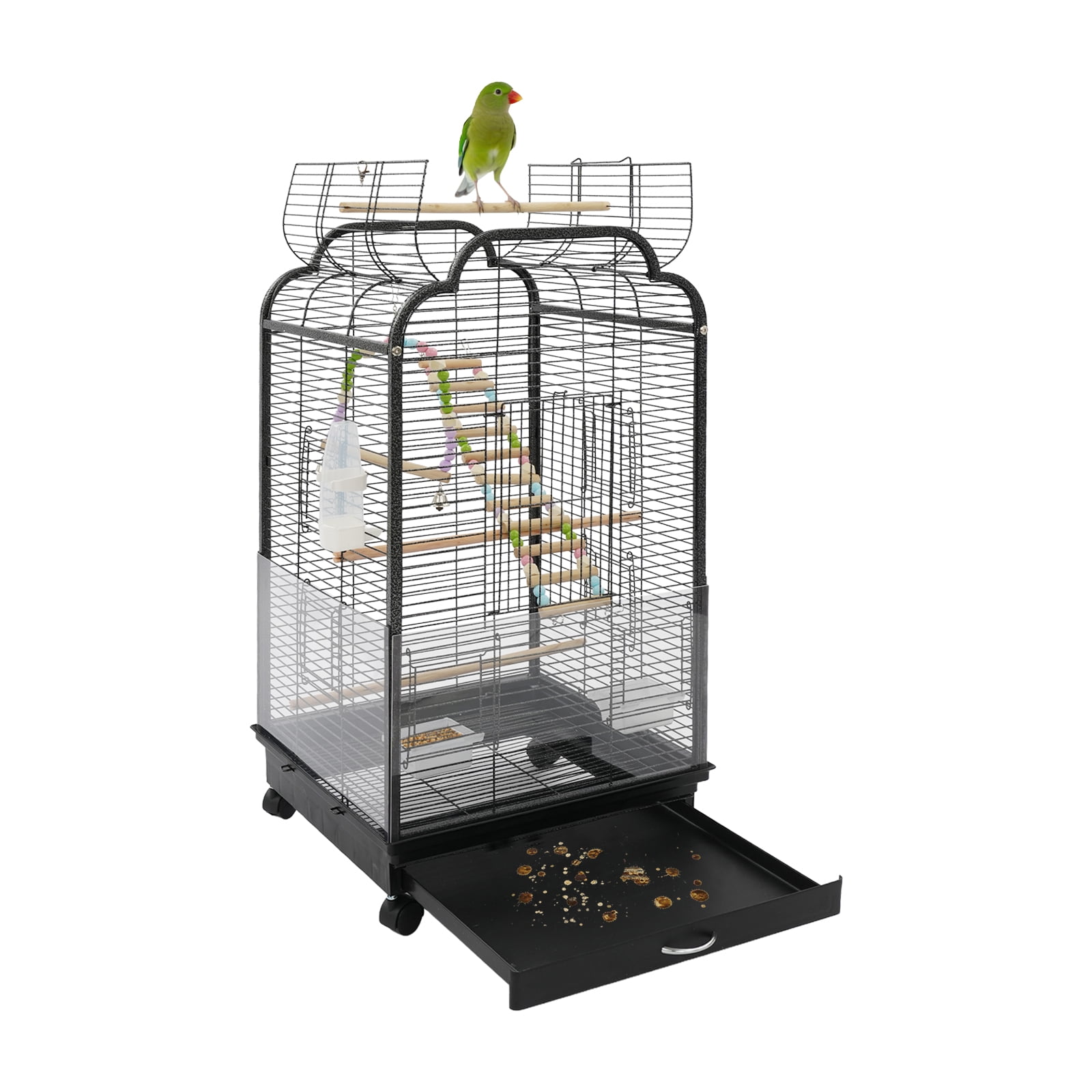 Bird Cage with Dual-Opening Top Skylight and Pull-out Tray Rolling Metal Birdcage For Small to Medium Birds (Cockatiels, Budgerigars, Monk Parakeets)