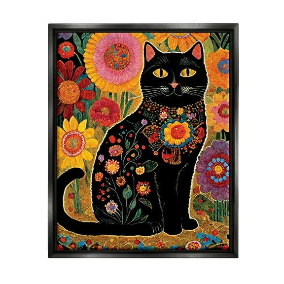 Stupell Industries Cat with Patterned Florals Animals & Insects Painting Black Floater Framed Canvas Art Print Wall Art, 17 x 21